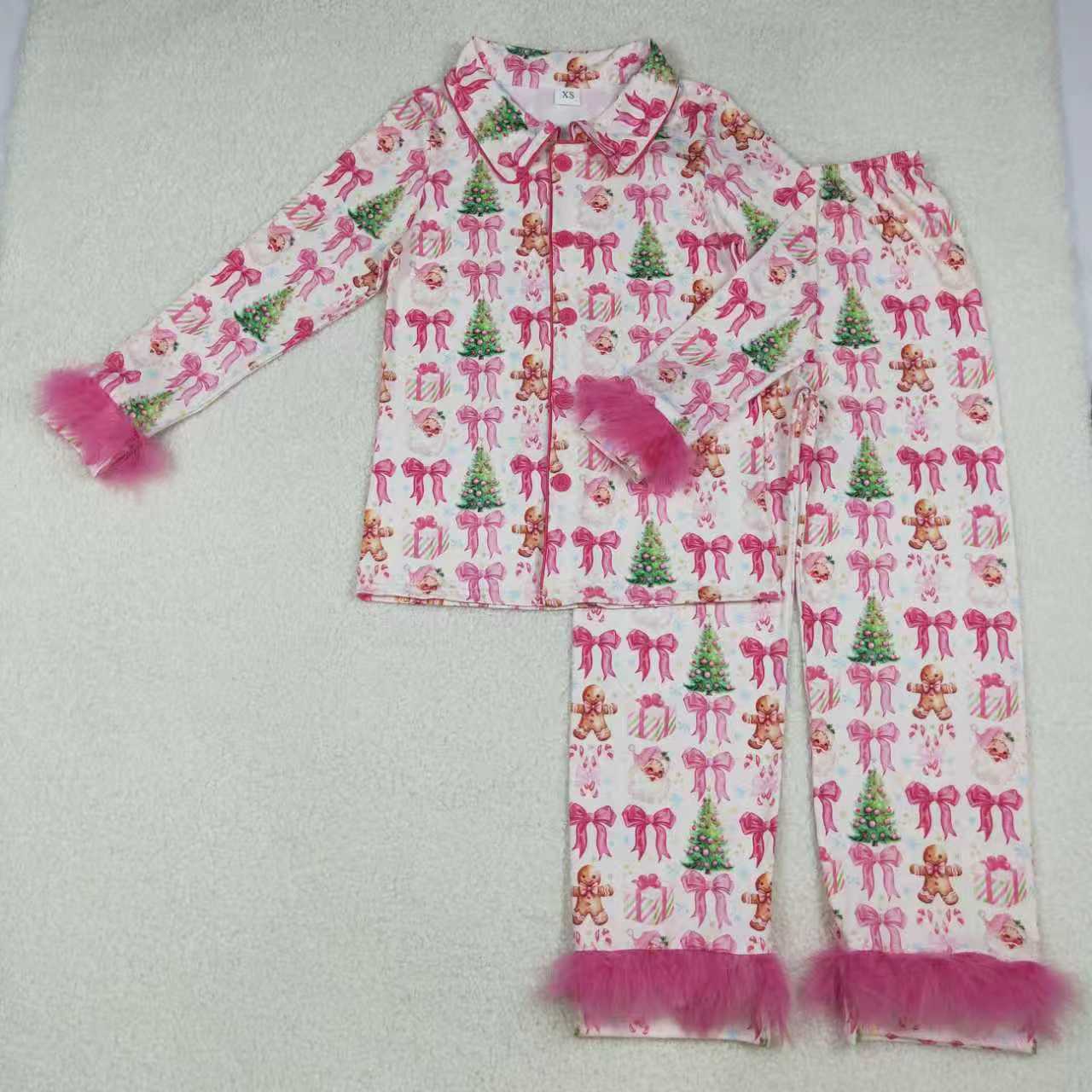 Adult women Christmas santa claus red bow long sleeve pajama set
