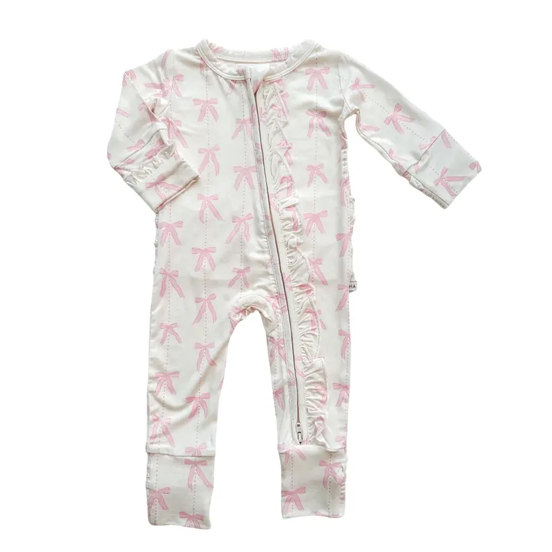 Pink bow kids long sleeve zip romper