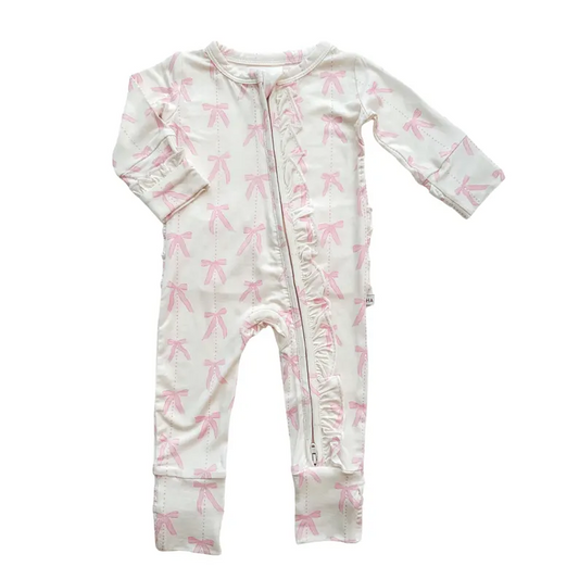 Pink bow kids long sleeve zip romper
