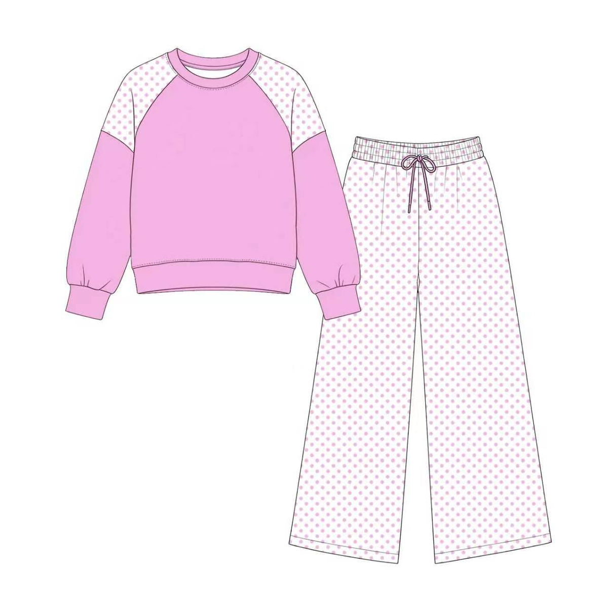 Lavender color polka dots design long sleeve top pants set