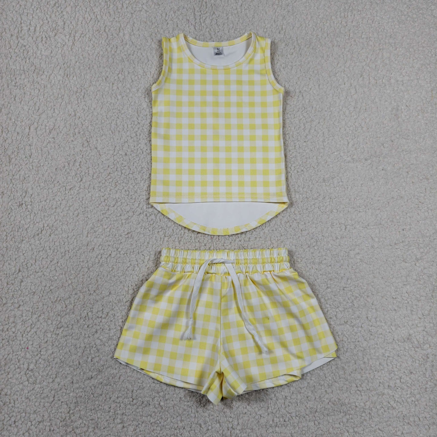 Yellow plaid top matching shorts girl summer yoga outfit preorder