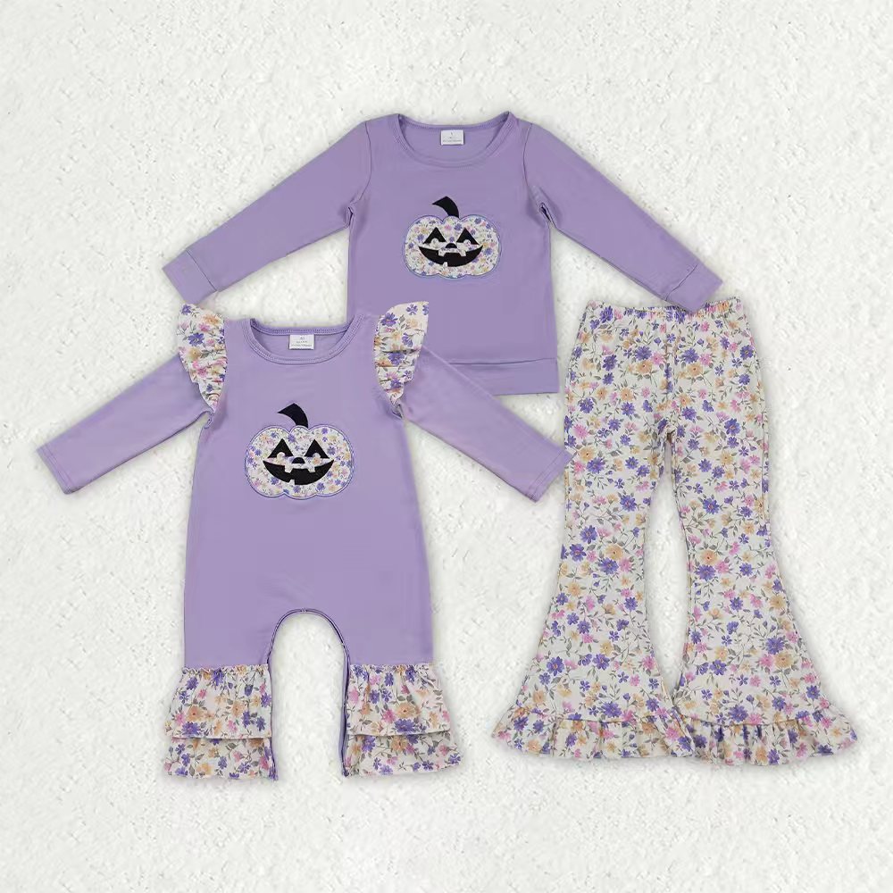 Halloween embroidery pumpkin top matching pants girls wholesale factory price outfit