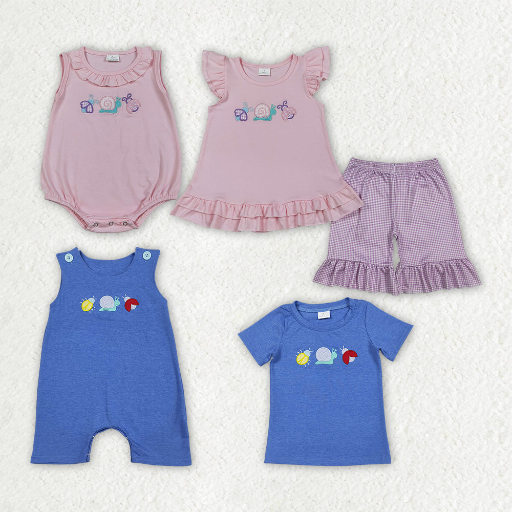 Embroidery Snail short sleeve top matching shorts girls summer outfit