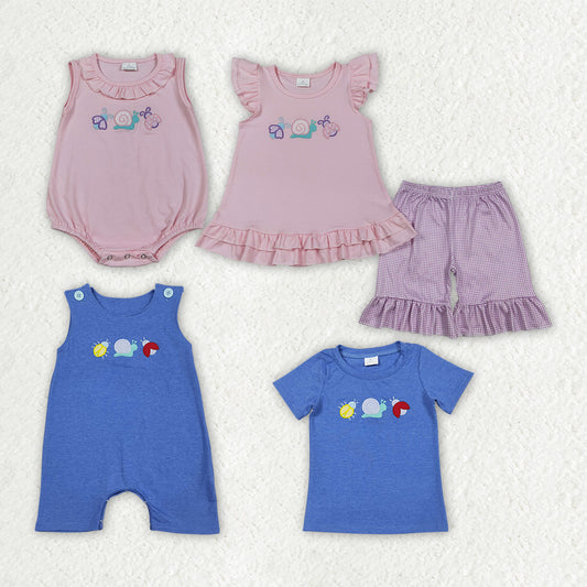 Embroidery Snail short sleeve top matching shorts girls summer outfit