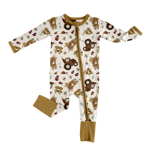infant baby boy long sleeve cow tractor farm zip romper