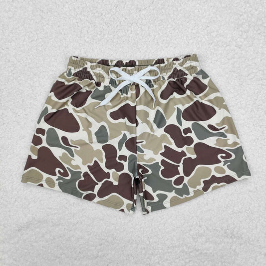 Light brown camo boys summer swim trunks