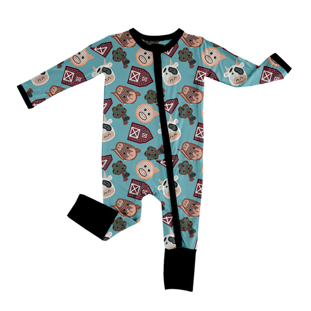 infant baby boy long sleeve animal cow farm zip romper