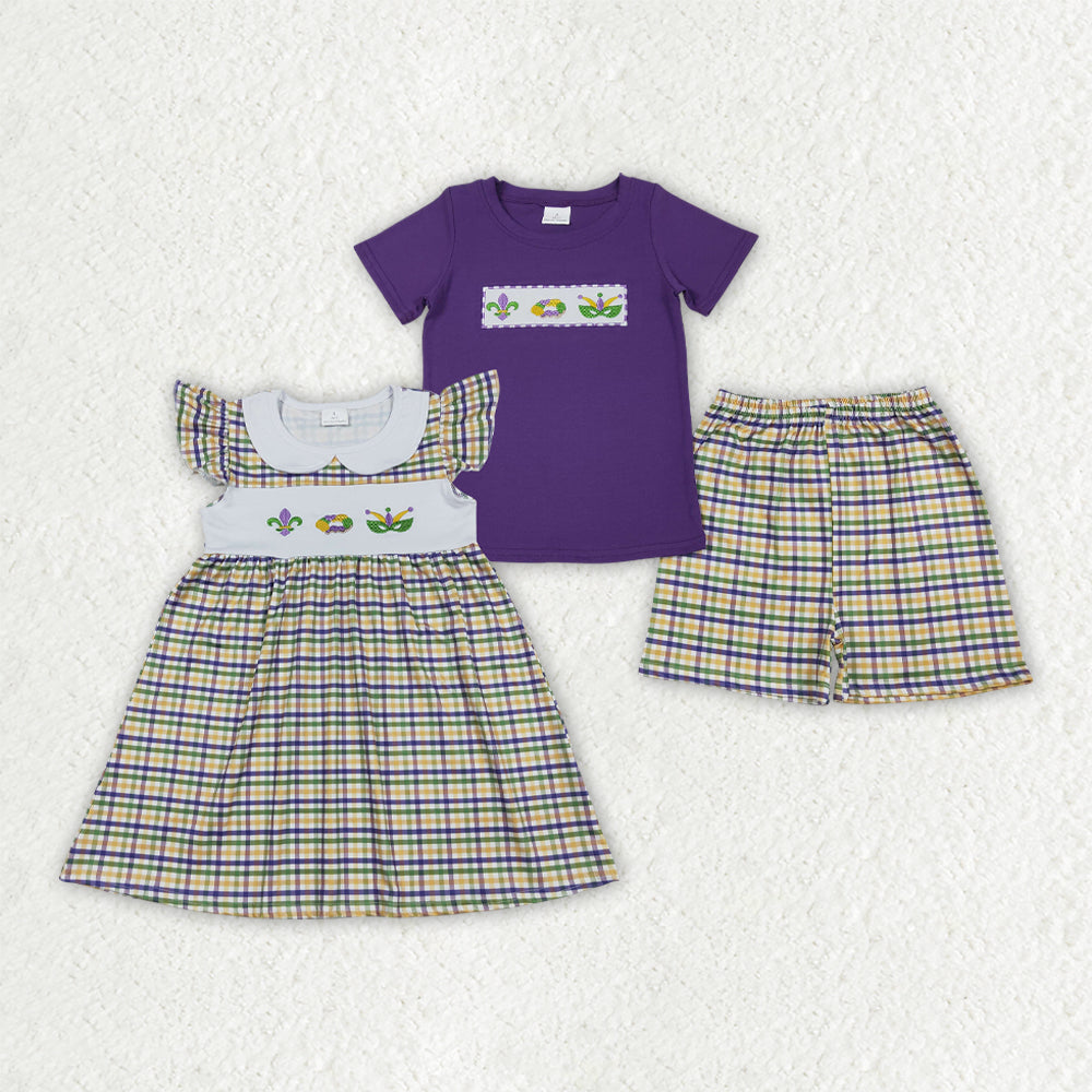 Mardi gras embroidery shirt matching shorts boys summer outfit