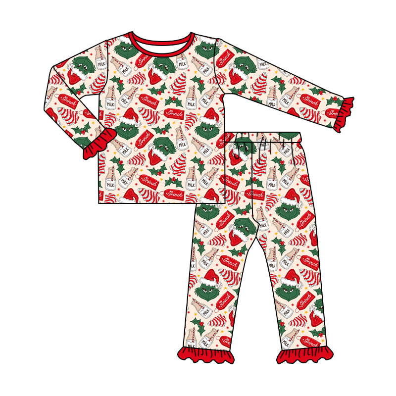 baby  girls chrismas green face long sleeve pajama set