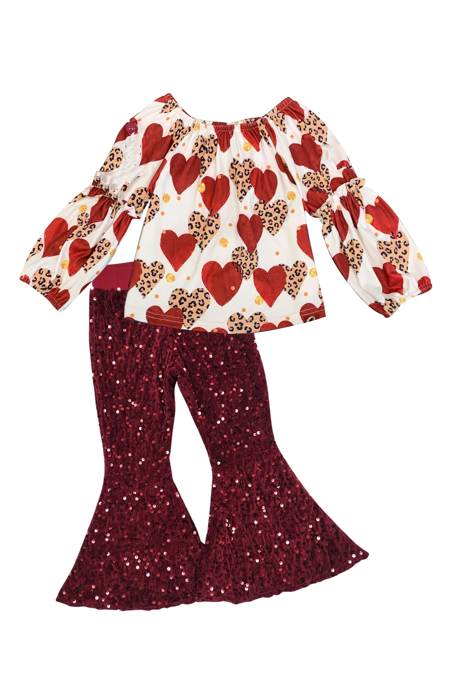 girls long sleeve heart top wine red sequins bell bottoms outfit