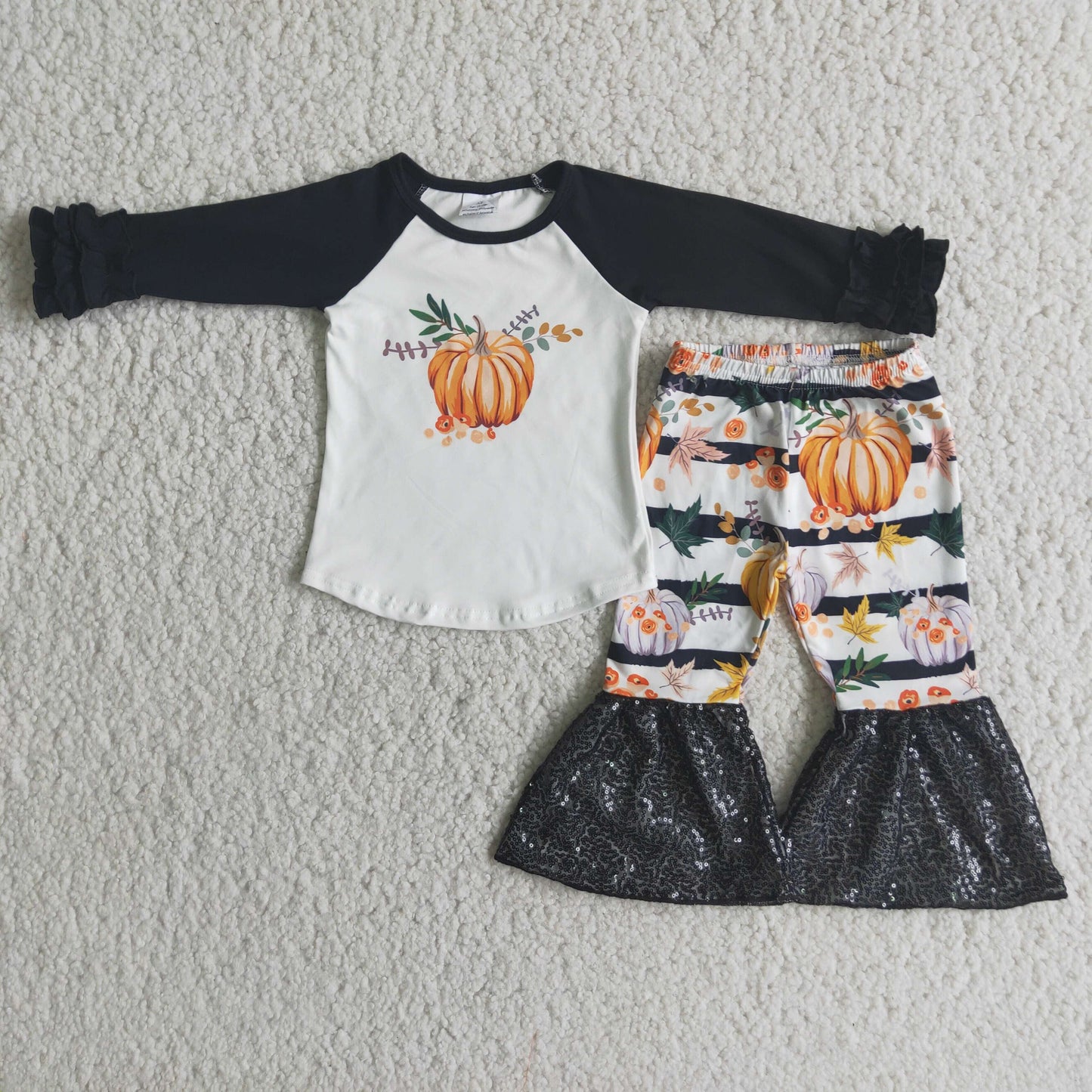 floral pumpkin top black sequins ruffle pants outfit