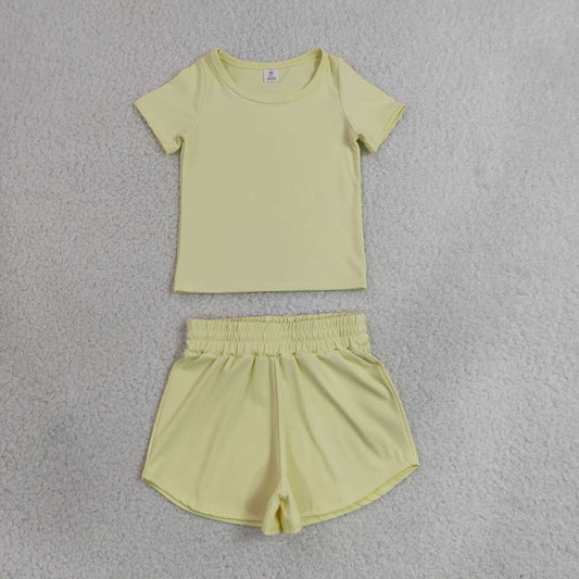 Yellow yoga top matching shorts girls summer outfit