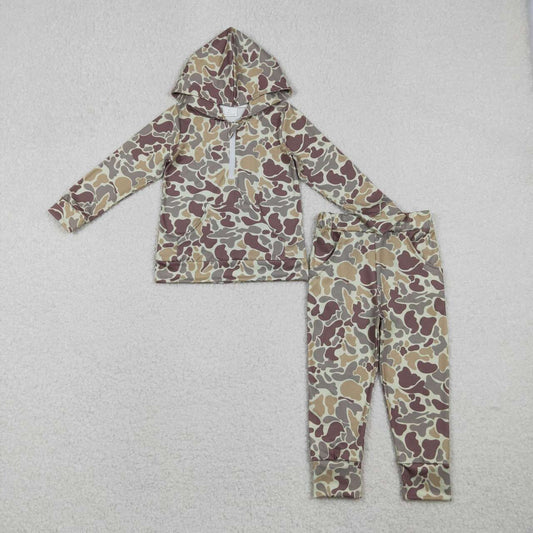 Grey camo design boys long sleeve hoodie set outfit