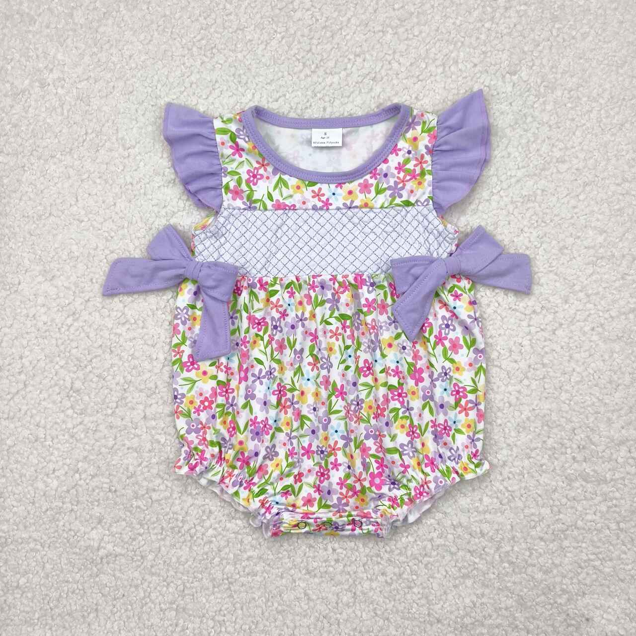 Infant girls lavender floral summer embroidery romper