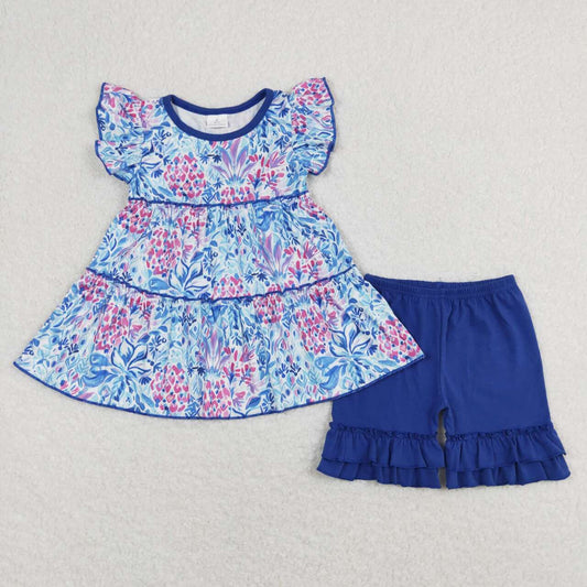 baby girls floral top hot blue ruffle shorts outfit