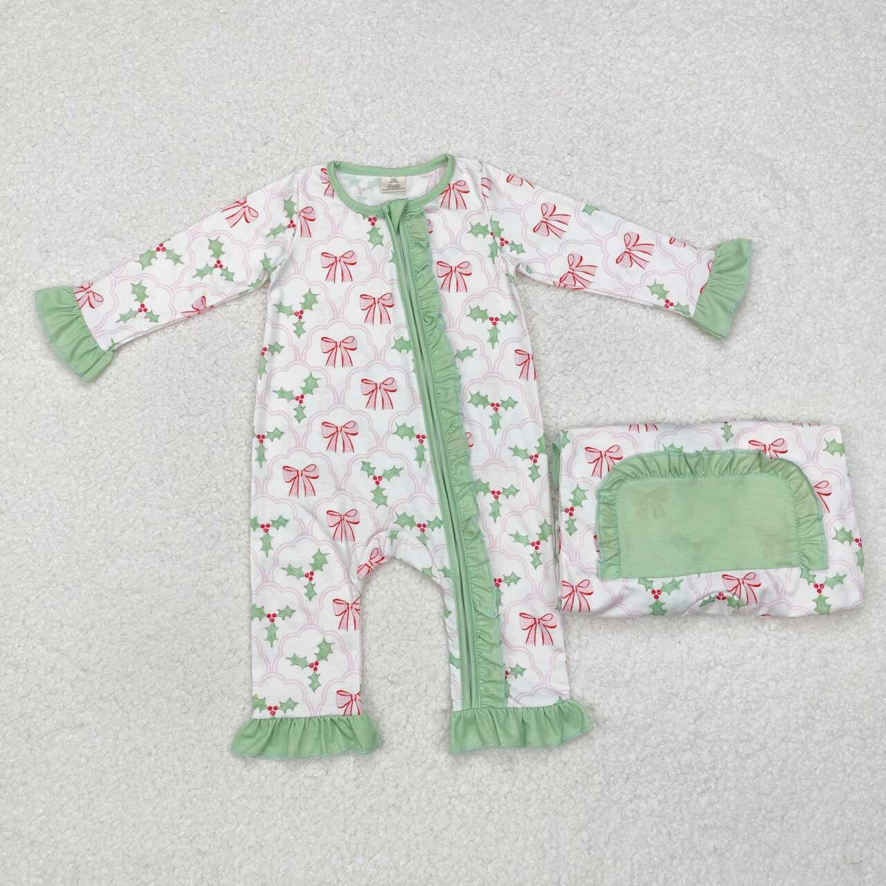 wholesale kids christmas holly bow print long sleeve romper