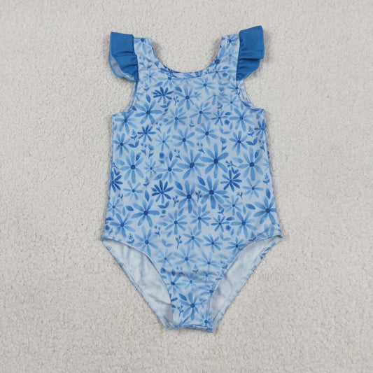 Baby girls one piece blue flower bathing suit kids swimwear