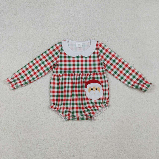 Christmas embroidery Santa Claus green red plaid long sleeve romper