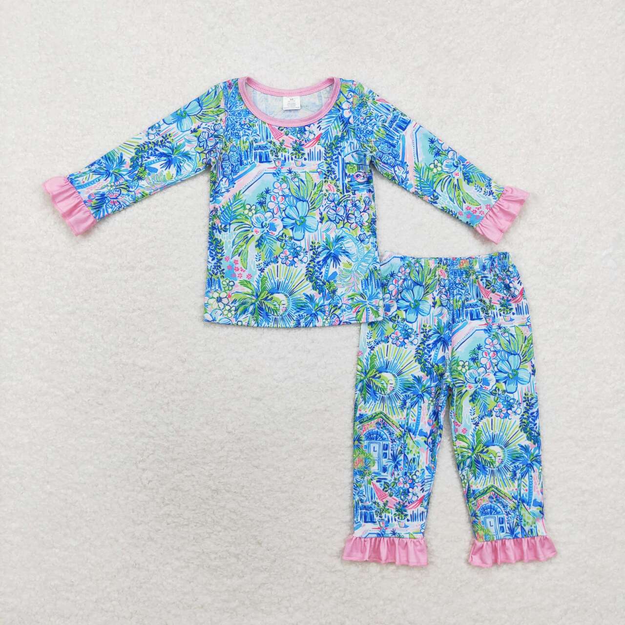 baby girls green blue plant print boutique pajama set