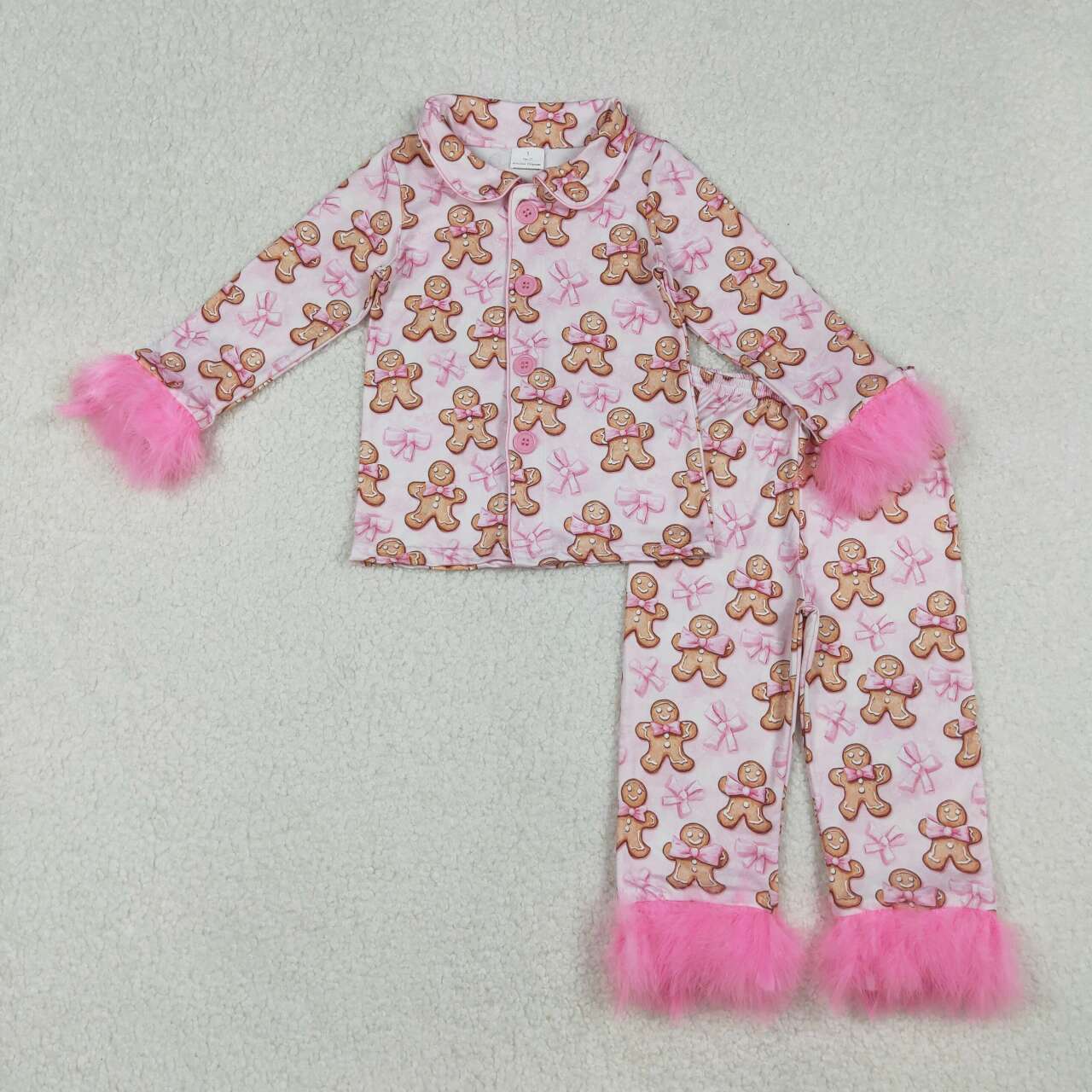 Christmas gingerbread pink bow long sleeve fur pajama set outfit