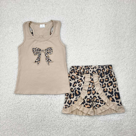 Baby girl embroidery cheetah bow top matching shorts summer outfit
