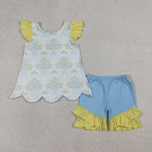 Blue bow floral shirt matching shorts girls summer outfit