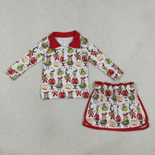 Christmas greenface pullover matching skort  girls long sleeve outfit