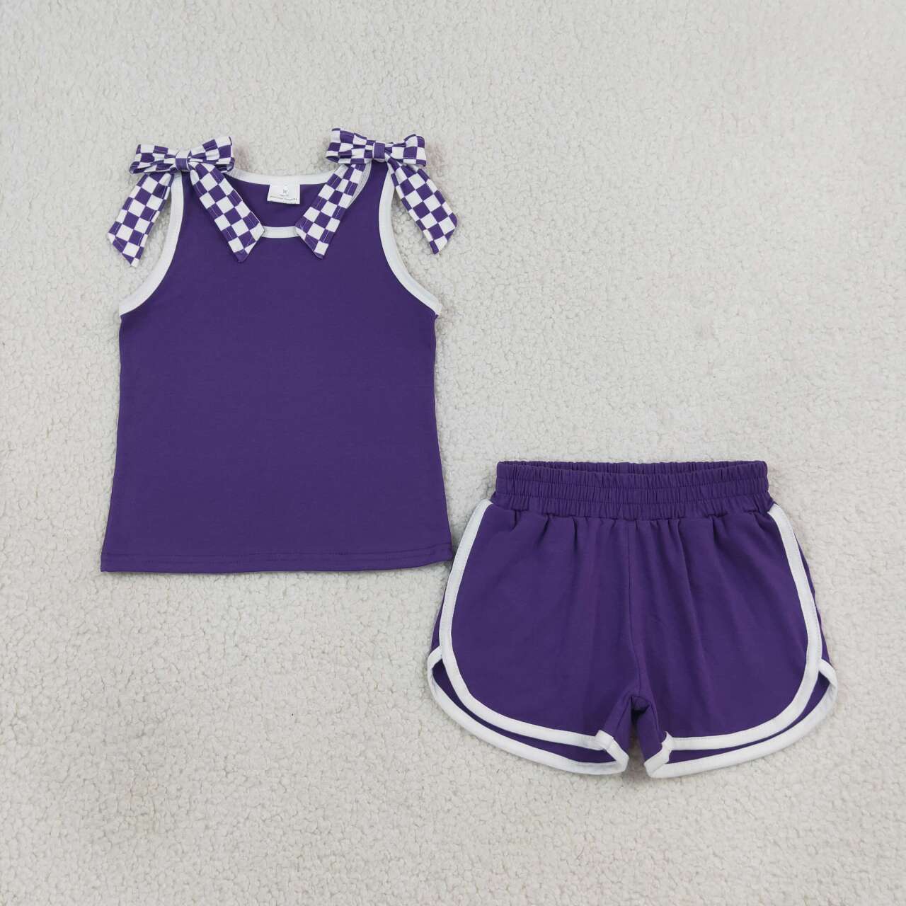 Purple plaid bow design top matching shorts girls summer outfit