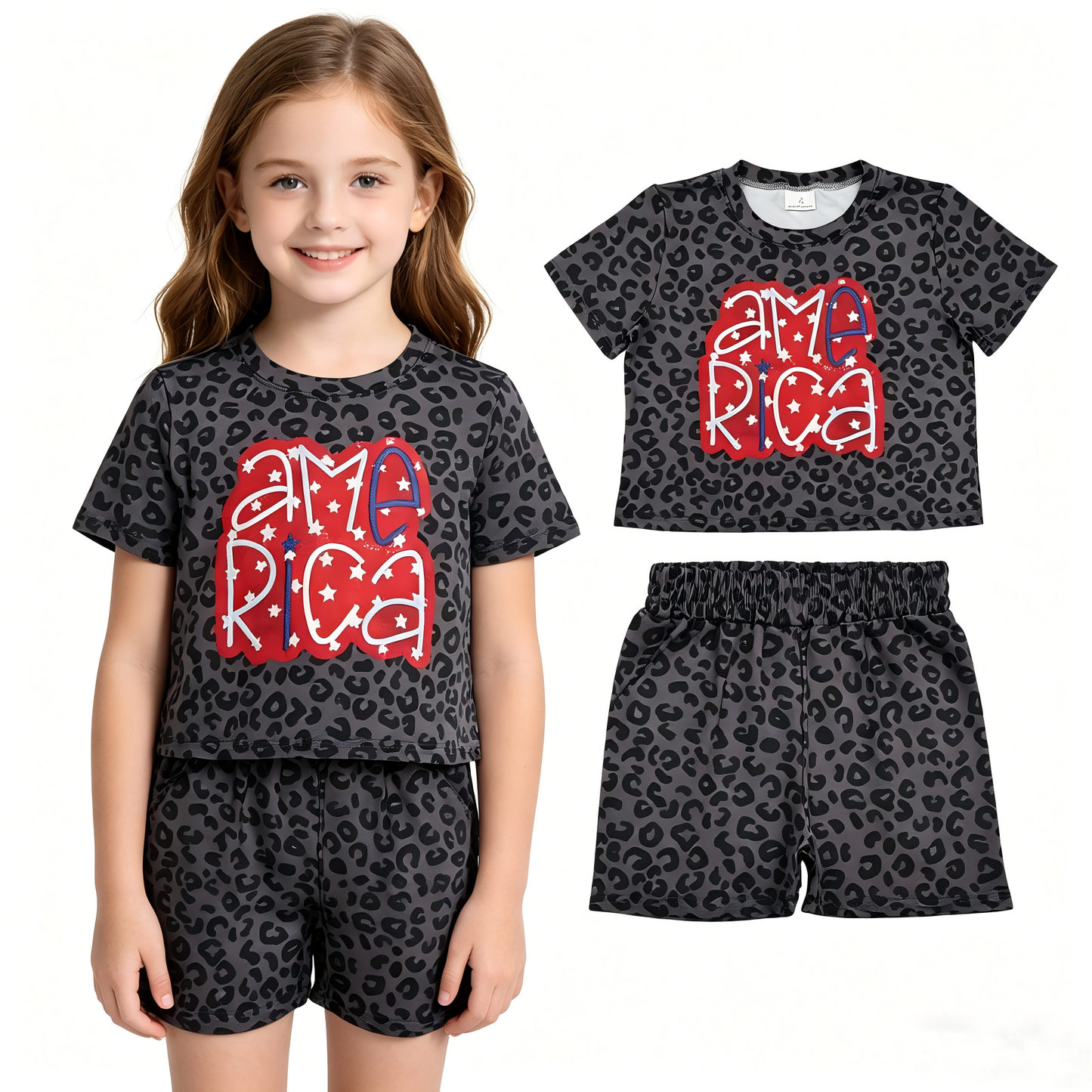 America leopard design baby girls July 4th outfit