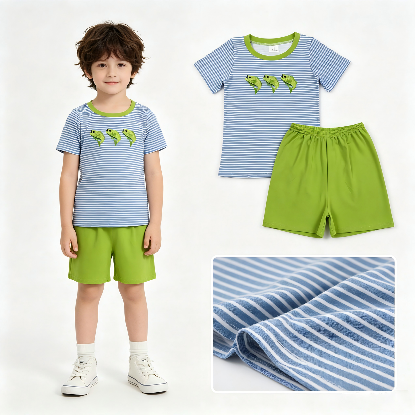 Embroidery Fishing short sleeve top matching shorts boy summer outfit