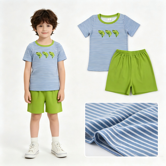 Embroidery Fishing short sleeve top matching shorts boy summer outfit