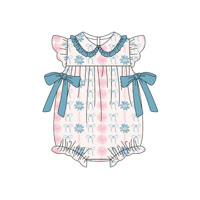Flowers bow design kids short sleeve bow romper