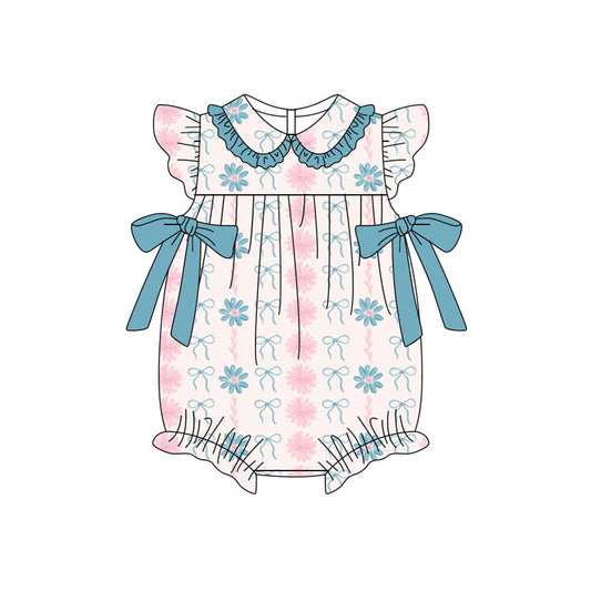 Flowers bow design kids short sleeve bow romper