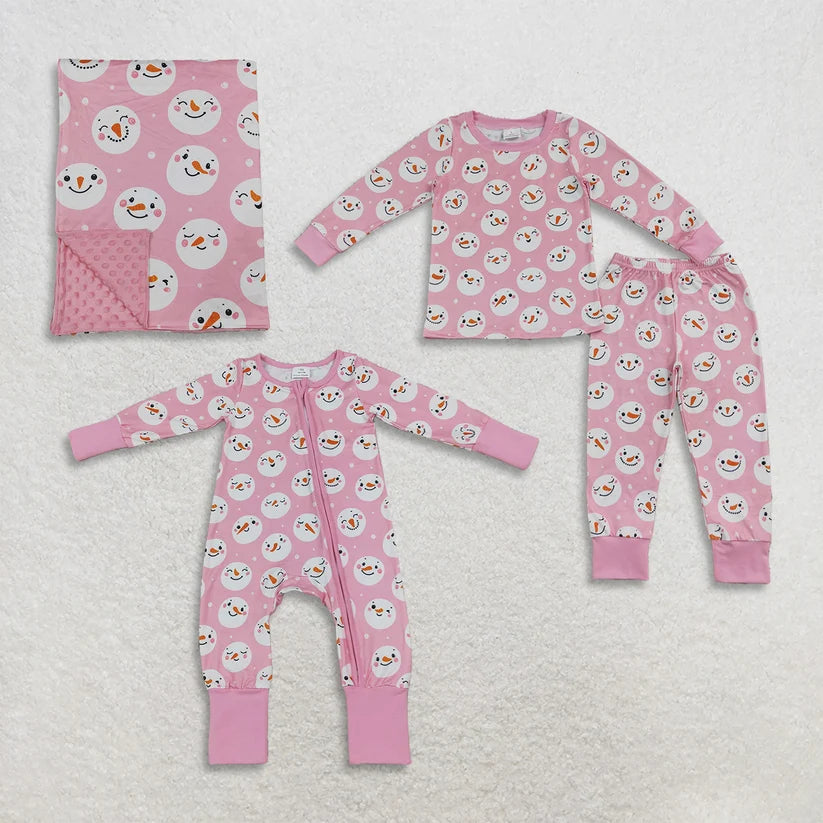 Christmas snowman print long sleeve set romper blanket matching outfit