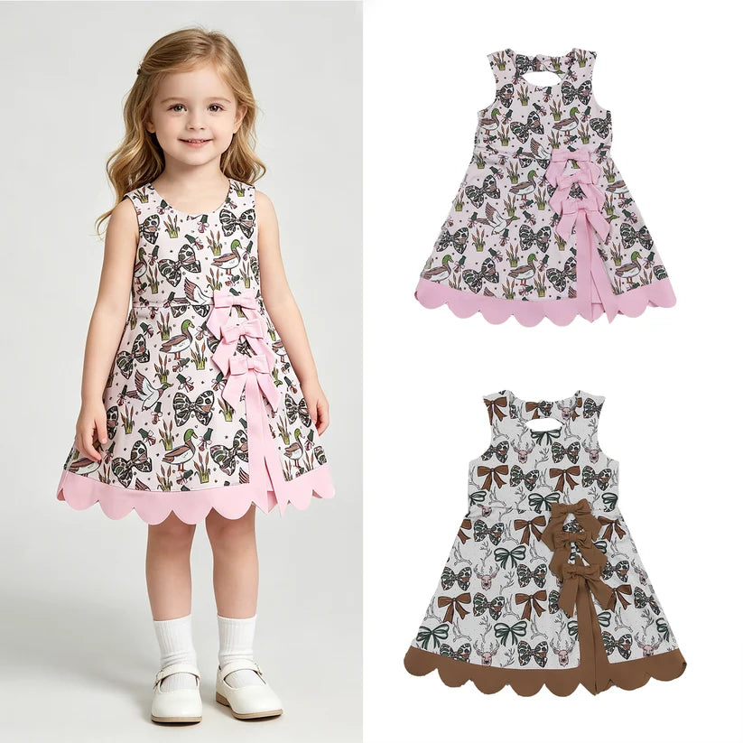 Green bow deer print girls summer yoga dress