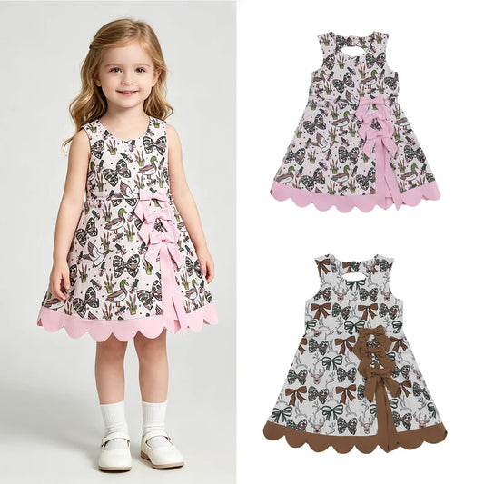 Green bow deer print girls summer yoga dress