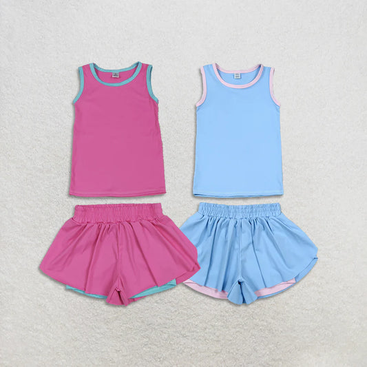 Blue yoga top matching shorts girls summer outfit