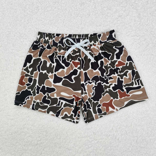 Dark green brown camo boys summer swim trunks