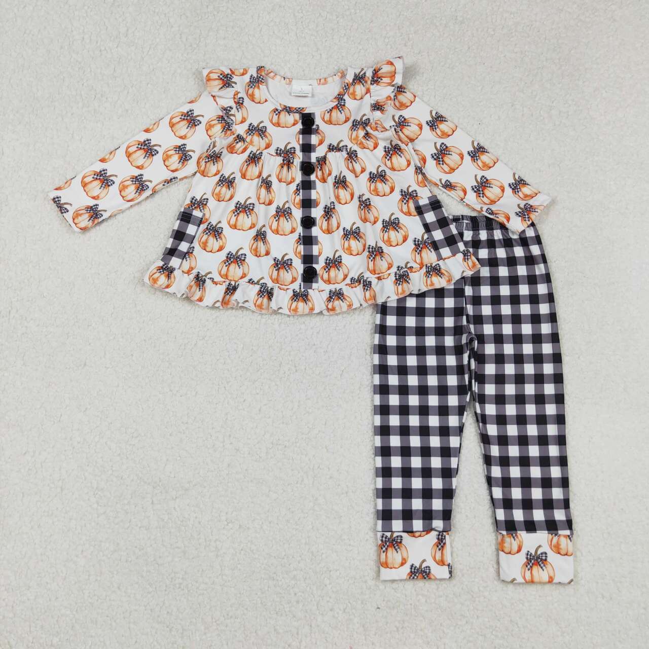 Fall pumpkin shirt black plaid pants kids long sleeve matching set