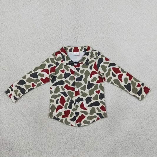 Christmas green red camo print kids boy long sleeve button down t-shirt top preorder