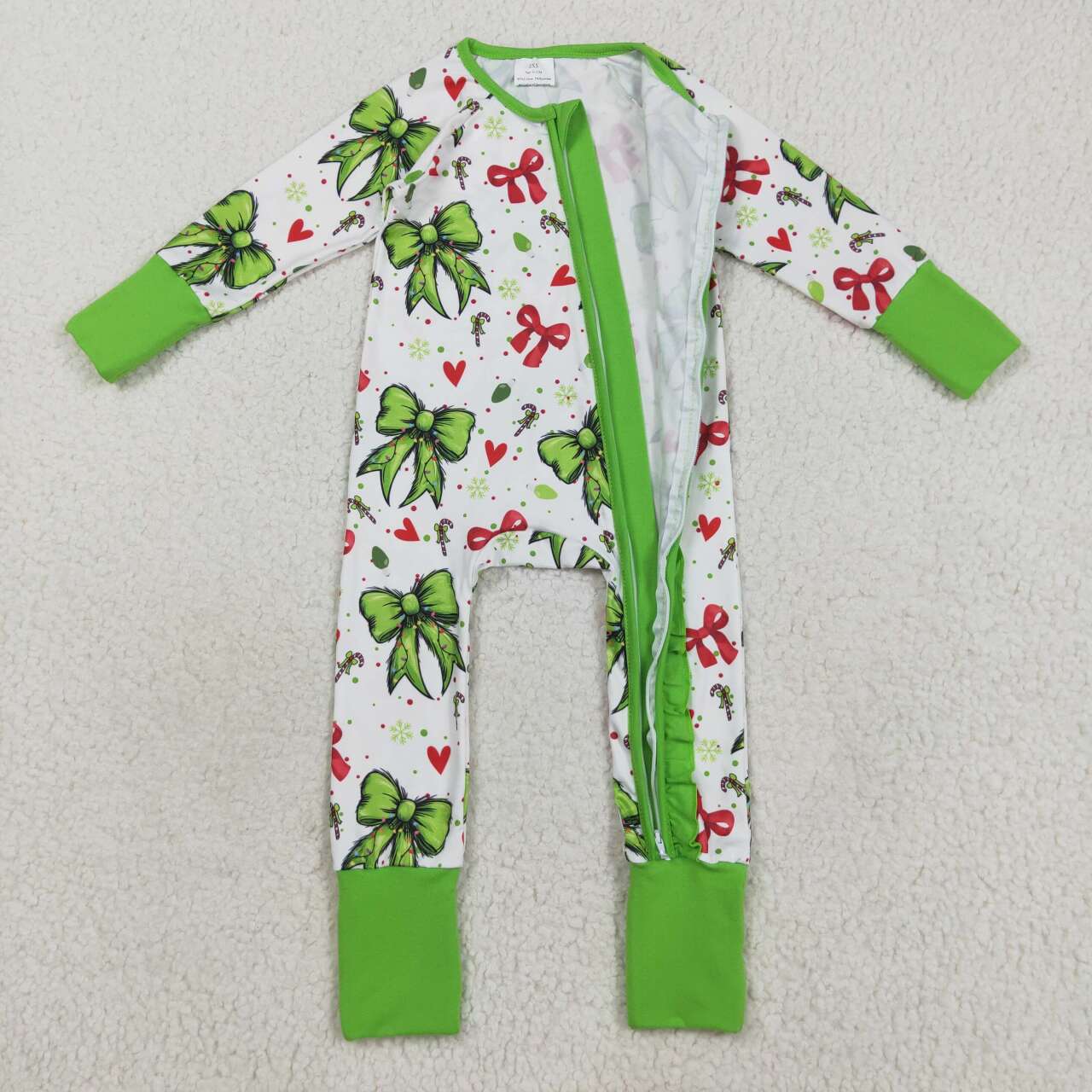 Christmas green red bow kids long sleeve romper