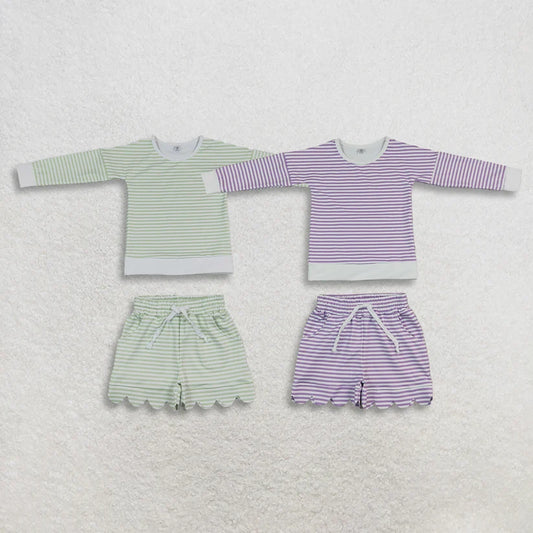 Lime green stripes long sleeve yoga pullover top matching shorts girls outfit