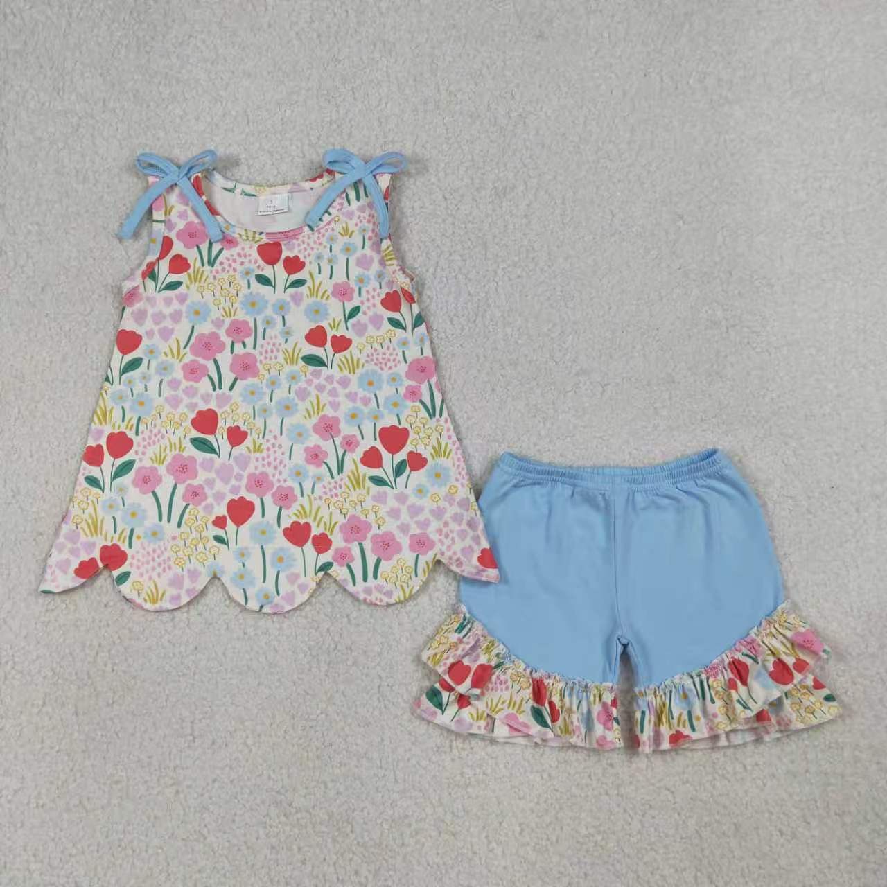 Pink yellow flowers top matching shorts girls summer outfit