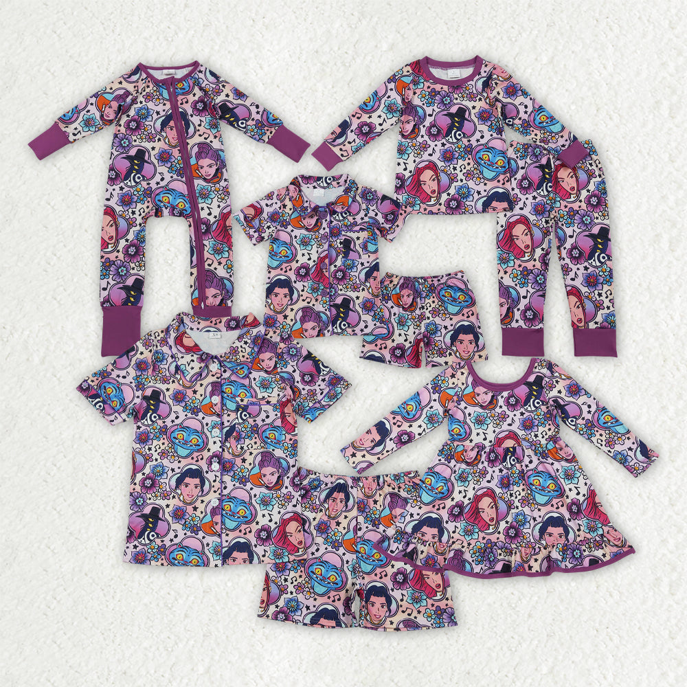 Cartoon floral design kids long sleeve top matching pants girls pajama set