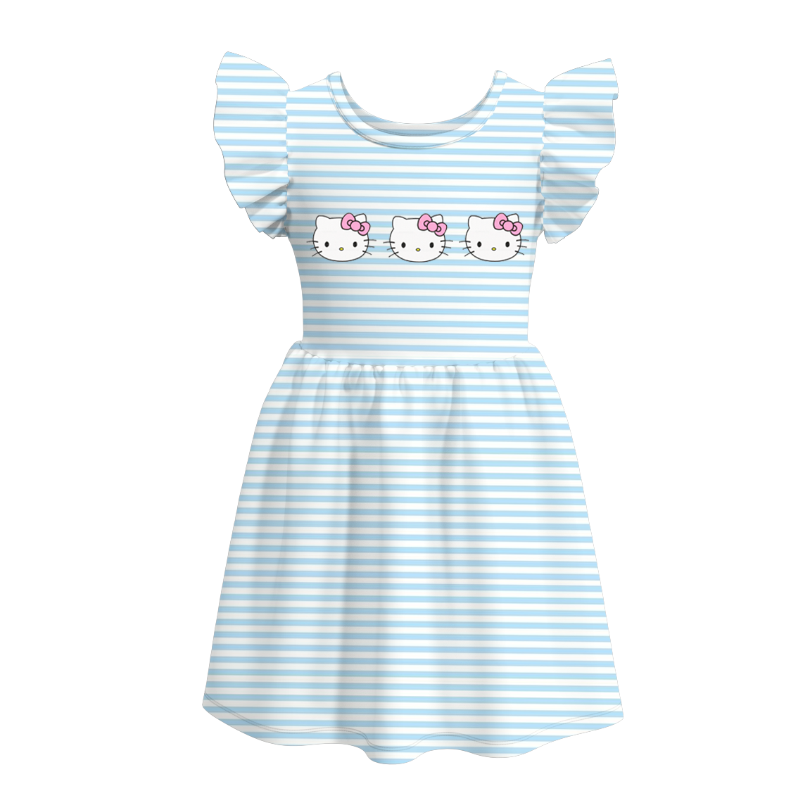 Wholesale Kids Girls Blue Stripes Cartoon Cat Short Sleeve Dress
