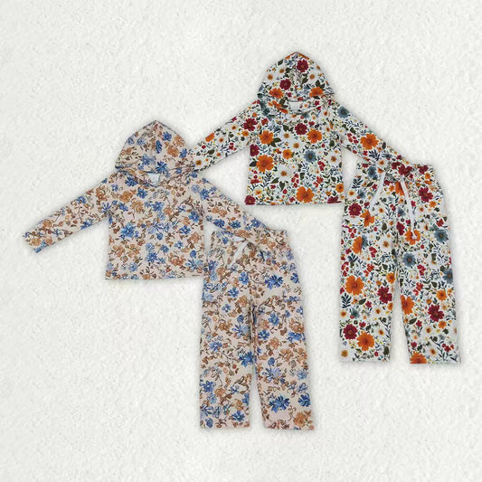 Orange flowers girls long sleeve hoodie set outfit