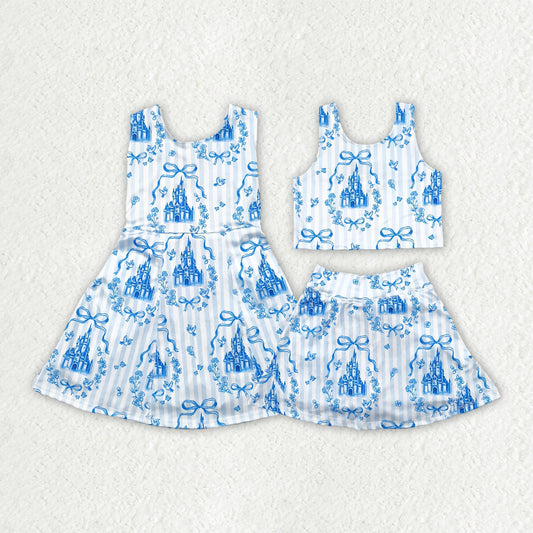 Baby girls blue bow castle active wear athletic summer yoga 2pcs outfit