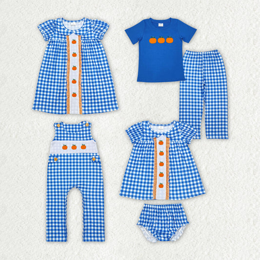 Sister brother Wholesale Toddle baby gingham embroidery fall pumpkin clothes