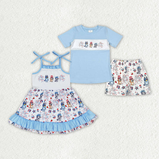 sister brother blue cartoon dog American girls july 4th patriotic clothes