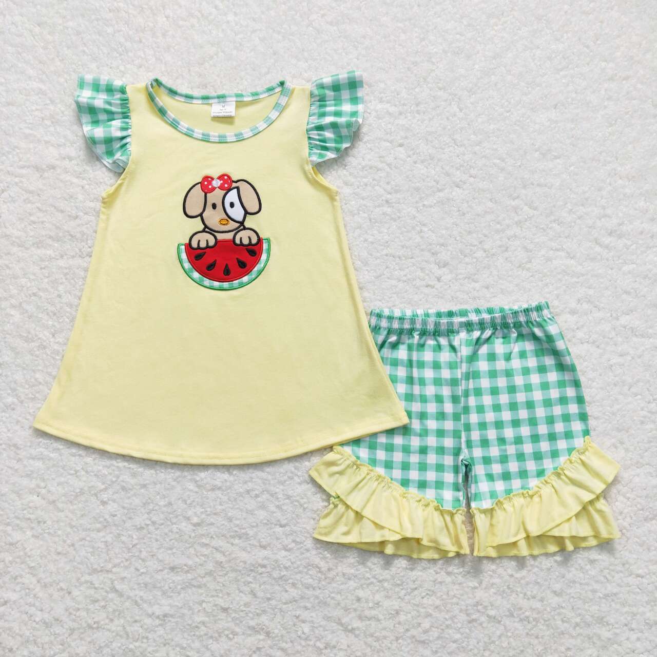 baby girls embroidery watermelon dog top green plaid shorts outfit